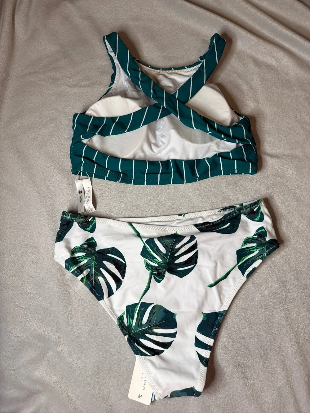 Cupshe Teal Stripe and Leaves Print Crisscross Bikini Set size medium